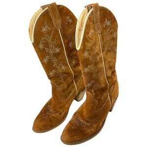 Vintage Suede Western Boots Brown Embroidered Cowgirl Size 8 Round Toe